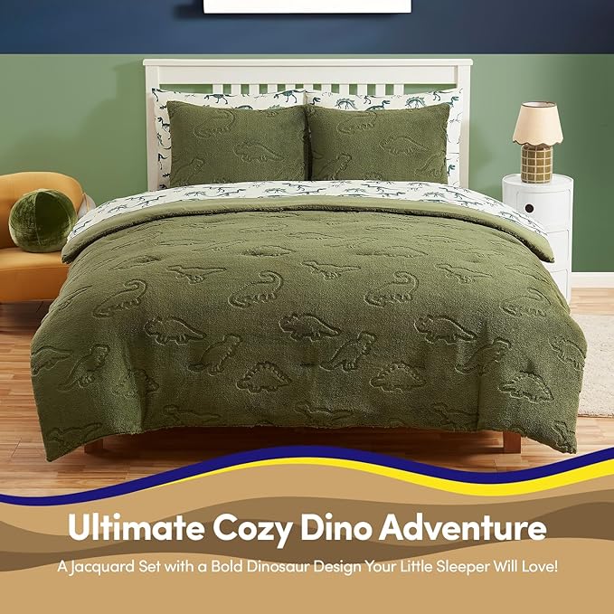 Full Size Kids Comforter Set - Dinosaur Embossed Bedding Set Bed in a Bag for Boys and Girls Toddlers Sheet Set and Comforter, Dinosaur Embossed