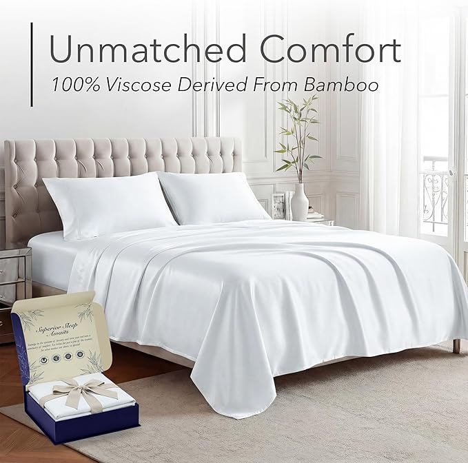 DECOLURE 100% Viscose Derived from Bamboo Sheets Full Size - Luxury 4 Pc Naturally Cooling Sheets, Ultra Soft Bed Set - Deep 17" Pockets, Durable Double Stitching, Oeko Tex Standard (White)