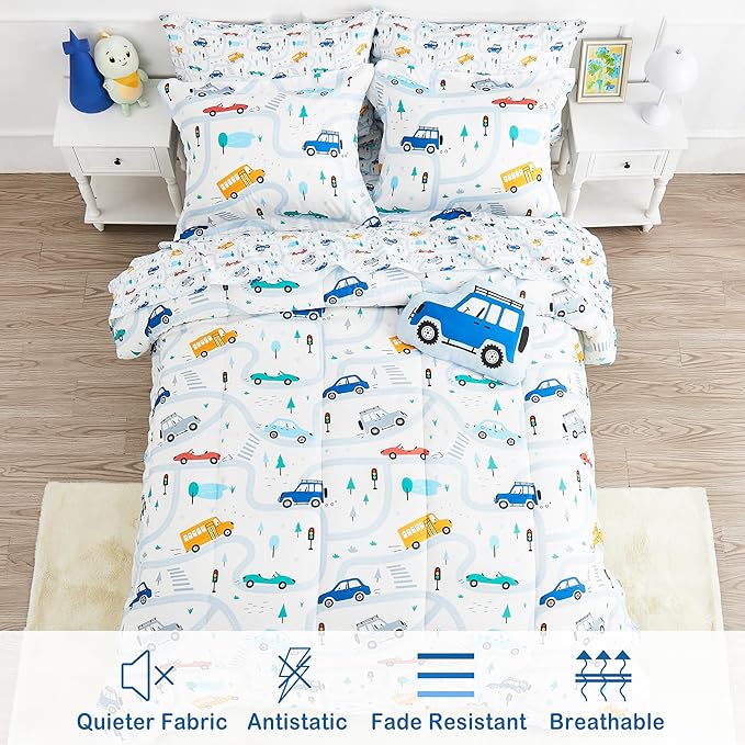 Mooreeke Bed in a Bag for Kids Boys Teens, 8 Pieces Full Size Comforter Bed Set with Shams, Sheet Set and Decorative Toy Pillow, Cars White Super Soft Microfiber Kids Comforter Bedding Set