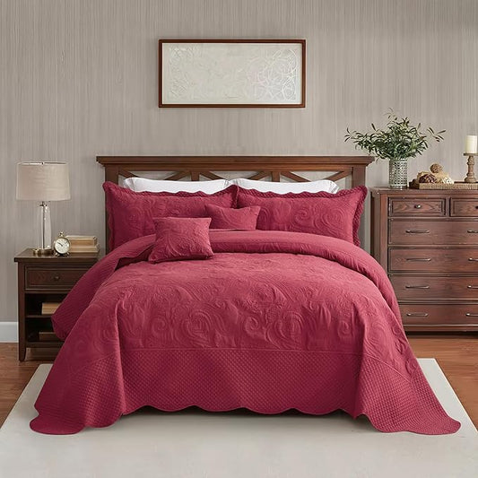 Oversized King Bedspread, Paisley Pattern Design, Lightweight Bedding Cover, Reversible, 5 Piece, 100% Microfiber, Wine Red