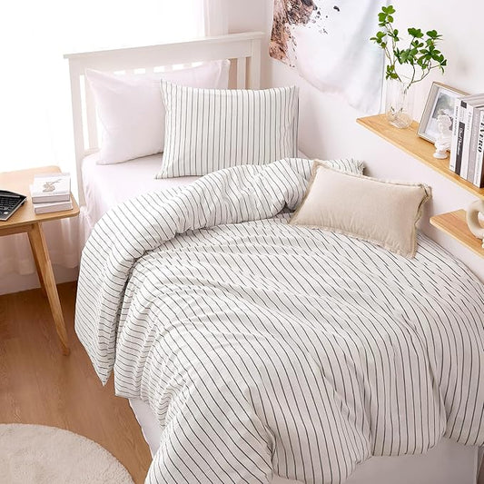Wake In Cloud - Striped Cotton Duvet Cover Set, Ticking Stripe Vertical Pinstripe Farmhouse, 100% Washed Cotton Textured Percale Bedding Set, 3 Pieces, White, Twin Size