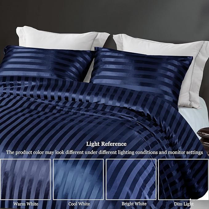 Whale Flotilla 2-Piece Reversible Silky Soft Twin Size Comforter Set, Luxury Stripe Satin Comforter Bedding Set with Satin Pillowcase, Lightweight Duvet for All Seasons, Navy