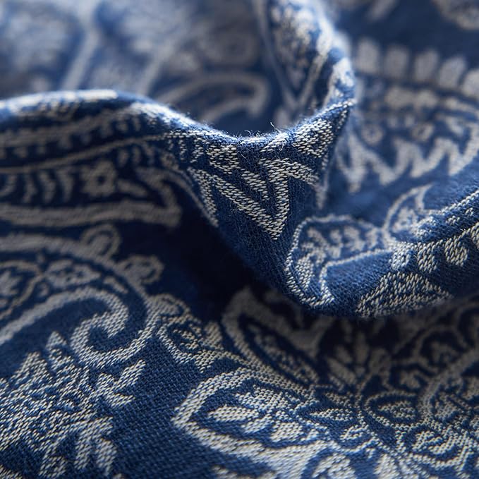 mixinni Muslin Cotton Vintage Navy Blue Paisley Floral Duvet Cover Queen Size 3pcs Yarn Dyed Burgundy Jacquard Weave Bedding Comforter Cover Soft Breathable Bedding Sets for All Season-Queen Size