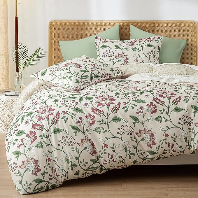 PHF Ultra Soft Floral Duvet Cover Queen Size, Printed Bedding Set 3 Pieces, Comfy Farmhouse Pattern Duvet Cover Set with 2 Pillow Shams, Zipper Closure and 8 Ties, 90"x90", Flower-Pink