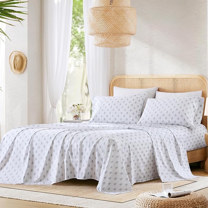 Comfort Spaces 100% Cotton Sheets King, Breathable, Naturally Cool Cotton Sheets, Soft Cotton Bed Sheets with 14" Elastic Pocket Fits up to 16" Mattress, All Seasons Sheet Set, Floral Blue 4 Piece