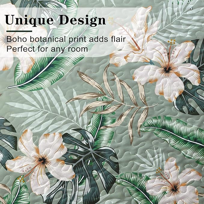 Yogeneg Queen Quilt Bedding Set,White Botanical Pattern Sage Green Full/Queen Quilt Set,3 Piece Lightweight Soft Summer Bedspread Coverlet with 2 PIillow Shams,All Season(Sage Green,90"x96")