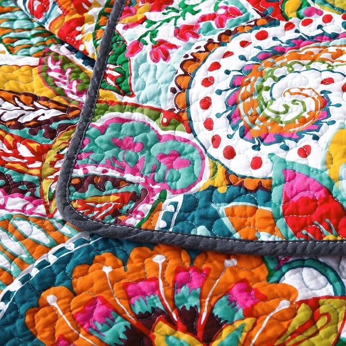Qucover Boho Quilt King Size, 100% Cotton Bedspread, Vibrant Colorful Gorgeous Paisley Print Coverlet Bedding Set for Living Bedroom, Bed Cover with 2 Pillow Shams, 98x106 Inches