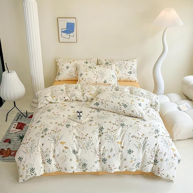 HighBuy Twin XL Duvet Cover Floral Cozy Cotton Girl Yellow Flower Botanical Coquette Bedding Set French Style Comforter Cover with Zipper Chic Vintage Bedding Duvet Cover Twin XL,3 Pieces