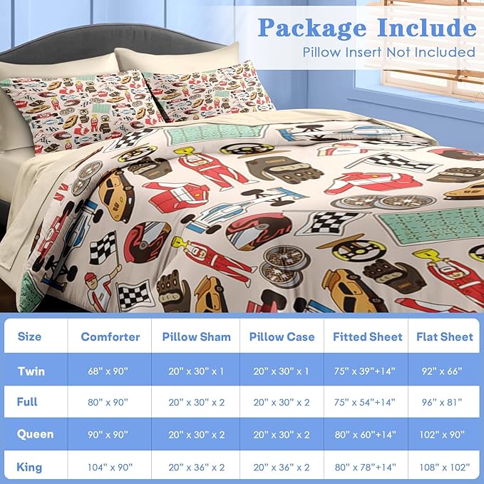 Comforter Set Twin Size, Racing Car Competition 5 Pcs Bedding for Kids and Adults, Race Game Cute Wheel Bed Sheet Sets with Fitted Sheet Pillowcase & Sham for Bedroom Bed Decor