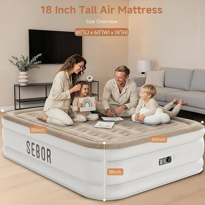 Sebor Air Mattress Queen with Built-in Pump 18", Comfortable Self-Inflating Air Mattress with High-Speed Pump, Durable Blow Up Mattress Queen with Storage Bag for Guests, Camping, Travel