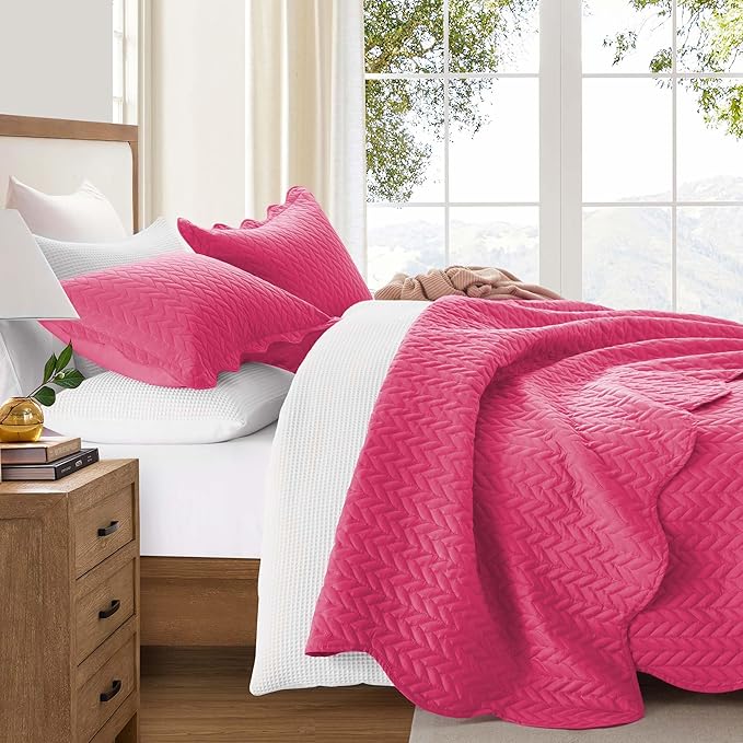 IR Imperial Rooms Queen Quilt Bedding Set (90" x 96") - Bulk Pack of 10 Wholesale for Hotels, Guest Bedroom & Airbnbs - Lightweight Microfiber Reversible Embossed Quilts Bedspreads (Pink)