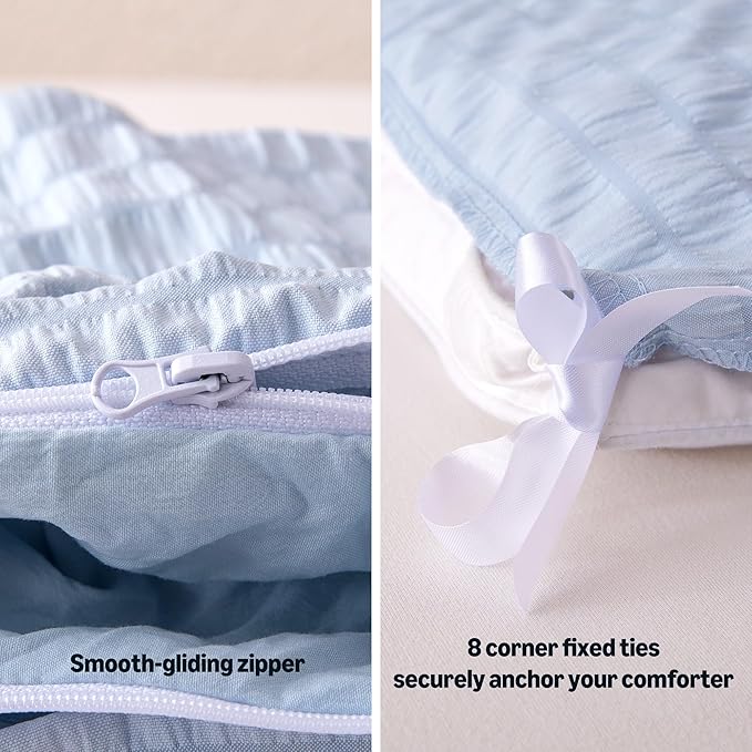Amazon Basics Duvet Cover Set Jacquard Geometric Microfiber 2-Piece, with 1 Duvet Cover and 1 Pillow Sham, Comforter Not Included, Twin, Blue Striped