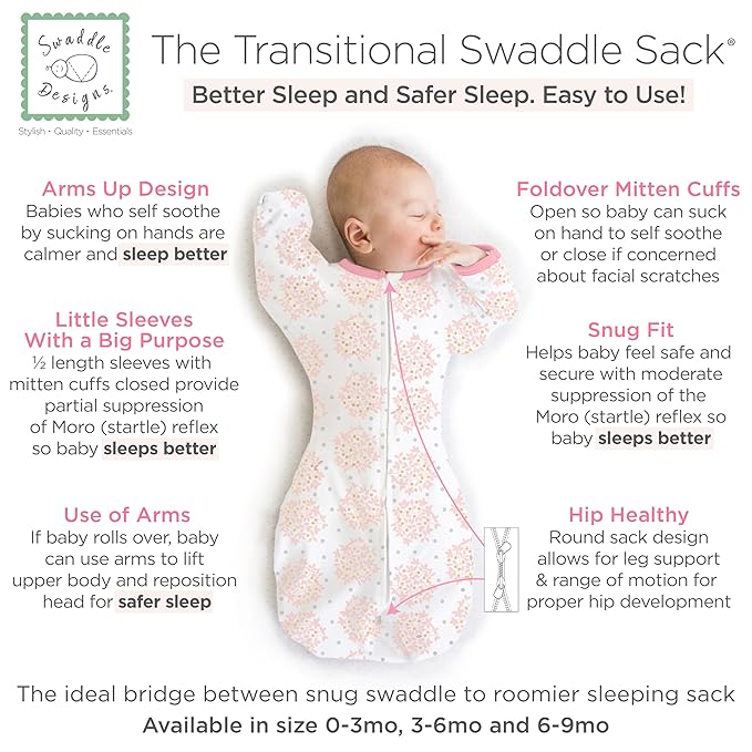 SwaddleDesigns Transitional Swaddle Sack, Arms Up Half-Length Sleeves & Mitten Cuffs, Swaddle for Newborn Transition to Baby Sleep Sack Wearable Blanket, 0-3 month, 6-14 lb, Heavenly Floral Pink