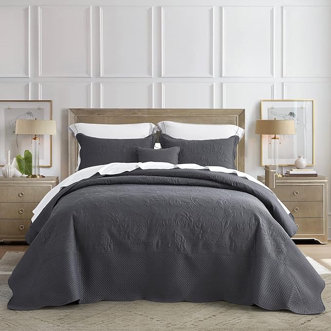CHIXIN Bedspread Coverlet Quilt Set Full Size - Lightweight Bedding Cover - Ultrasonic Quilting - 5 Piece Reversible Bedspread - Vintage Rose Pattern (Full, Dark Grey)