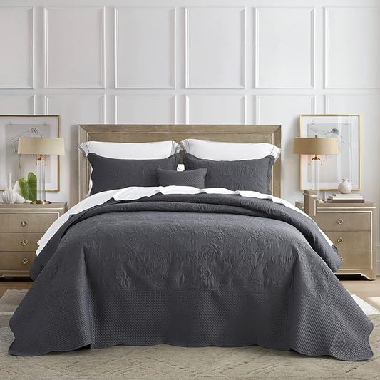 CHIXIN Bedspread Coverlet Quilt Set Full Size - Lightweight Bedding Cover - Ultrasonic Quilting - 5 Piece Reversible Bedspread - Vintage Rose Pattern (Full, Dark Grey)