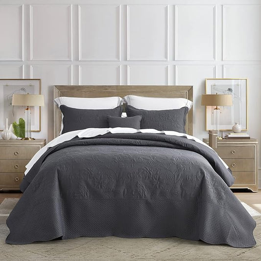 CHIXIN Oversized Bedspread Coverlet Set King Size - Lightweight Bedding Cover - Ultrasonic Quilting - 5 Piece Reversible Bedspread - Vintage Rose Pattern (King, Dark Grey)