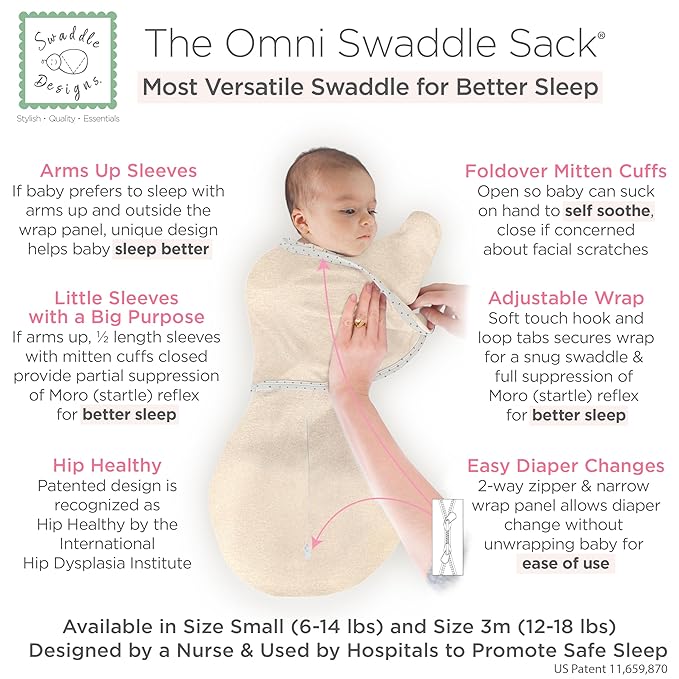 SwaddleDesigns 6-Way Omni Swaddle Sack Arms Up Swaddle for Newborn, More Options to Calm Startle Reflex, Improves Sleep, Easy Transition Baby Sleep Sack, Small, 0-3 Mo, 6-12 lbs, Heathered Oatmeal