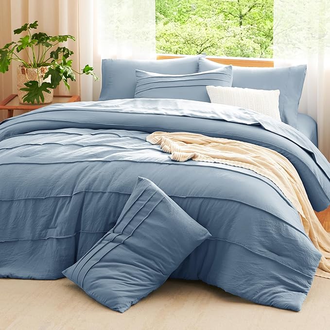 CozyLux California King Comforter Set Grayish Blue, 7 Pieces Pinch Pleat Bed in a Bag Cal King Comforter Set with Sheets, Bed Set with Down Alternative Comforter, Sheets, Pillowcases & Shams