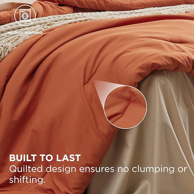 Bedsure Queen Comforter Set - 7 Pieces Burnt Orange Queen Bedding Set for All Seasons, Boho Contrasting Design Bed in a Bag with Comforter, Sheets, Pillowcases & Shams