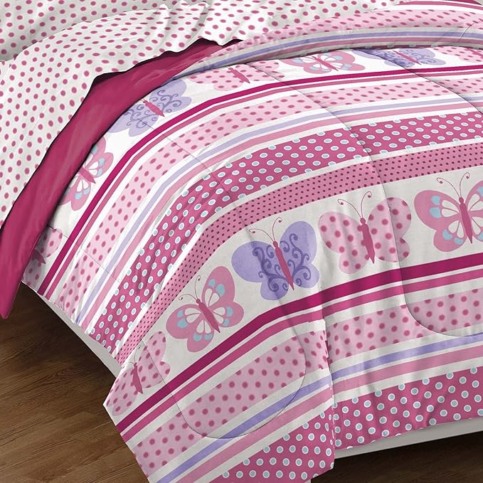 Dream Factory Butterfly Dots Ultra Soft Microfiber Girls Comforter Set, Pink, Full