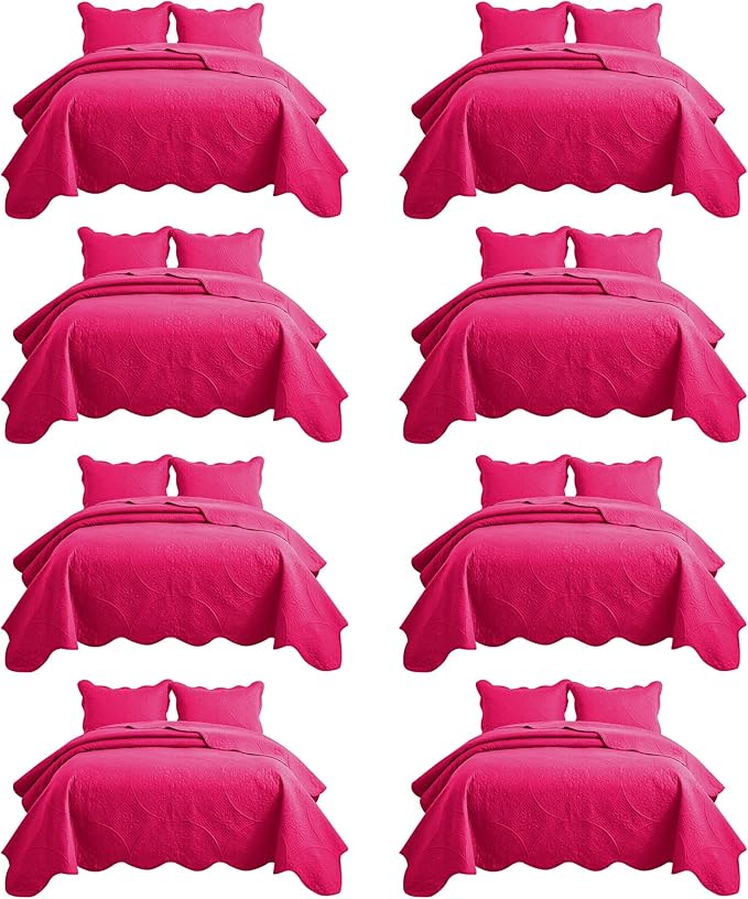 MOONLIGHT20015 8 Pack California King Quilt Bedding Set (118"x106") - Bulk Wholesale for Hotels, Guest Bedroom & Airbnbs - Microfiber Reversible Floral Embossed Quilts Bedspreads (Pink)