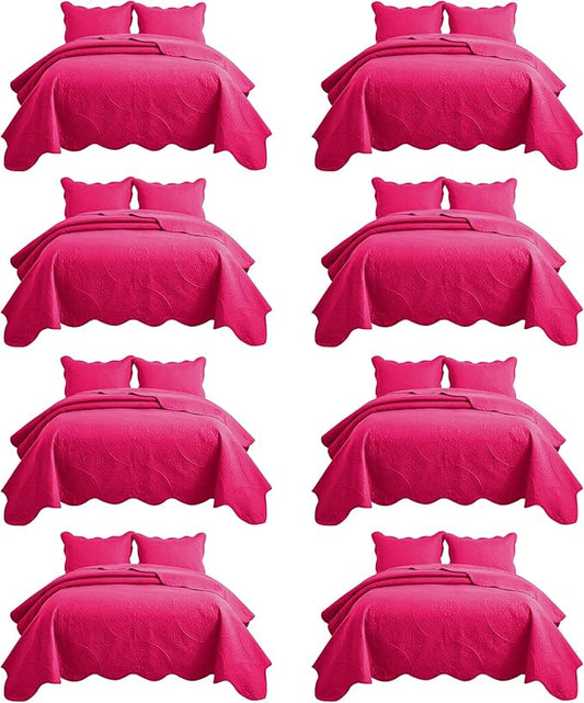 MOONLIGHT20015 8 Pack California King Quilt Bedding Set (118"x106") - Bulk Wholesale for Hotels, Guest Bedroom & Airbnbs - Microfiber Reversible Floral Embossed Quilts Bedspreads (Pink)