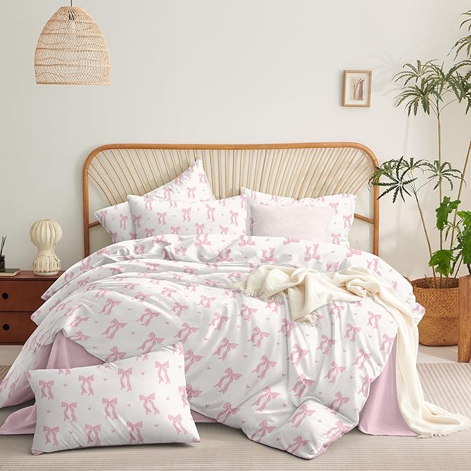 Nayoroom Pink Bow Duvet Cover Queen Size Heart Duvet Cover Coquette Bedding Set 3 Pieces Girls Cute Dorm Bedding Set with Pillowcases Soft Lightweight Microfiber