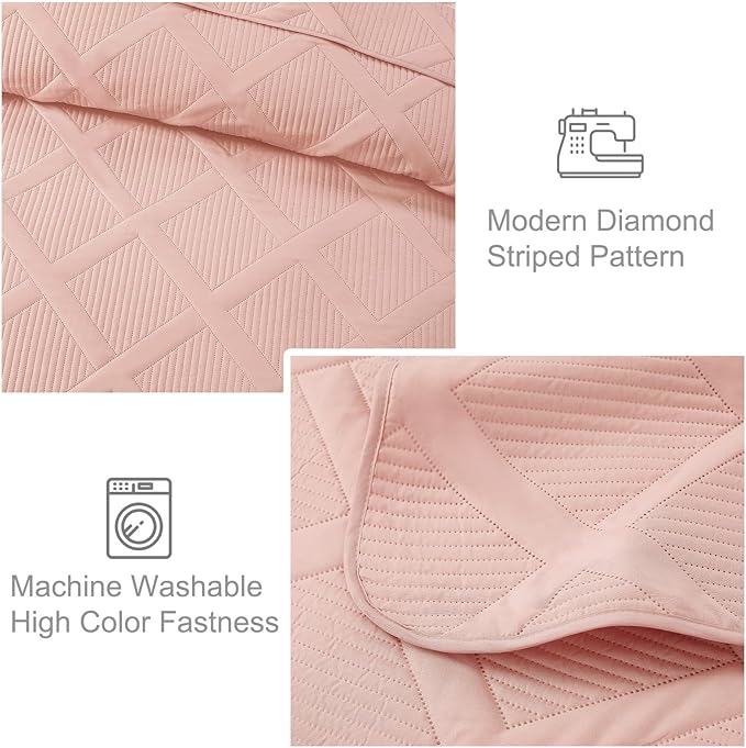Exclusivo Mezcla King Quilt Set- Blush Pink Quilts Bedding Set with 2 Pillow Shams, Modern King Bedspread with Striped Pattern, Soft Lightweight Bedspreads Coverlets for All Seasons