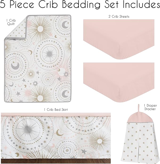 Sweet Jojo Designs 5-Piece Baby Crib Bedding Set (Star and Moon) for Girls, Infants/Nursery incl. Blanket, Fitted Sheet and Crib Skirt (Shabby Chic Stars, Celestial Sky, Outer Space, Blush Pink, Gold)