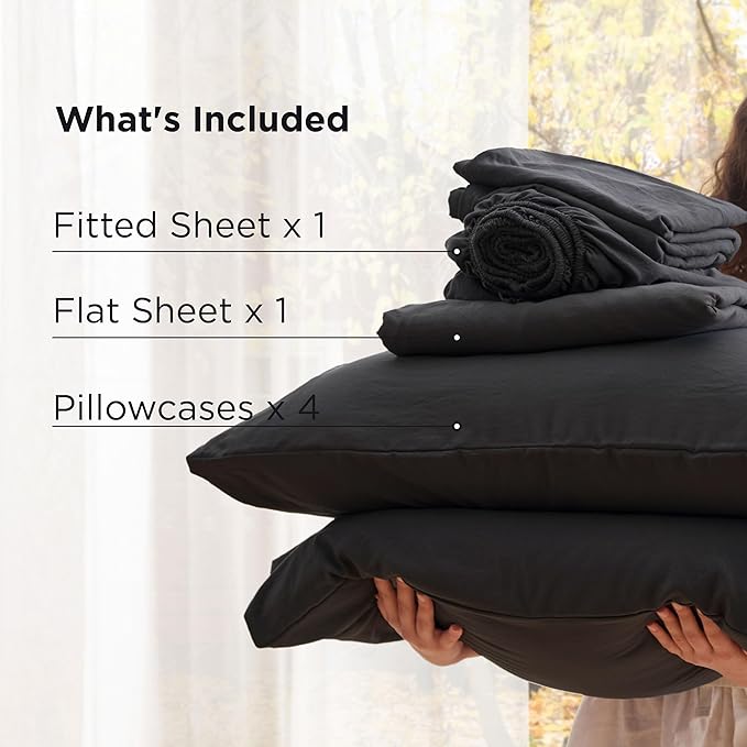 Bedsure Deep Pocket Queen Sheets - 6 Piece, Prewashed Ultra-Soft Queen Sheet Set, Fits Mattresses Up to 18 Inches Thick, Breathable & Secure Fit, Hotel Luxury Bedding, Black
