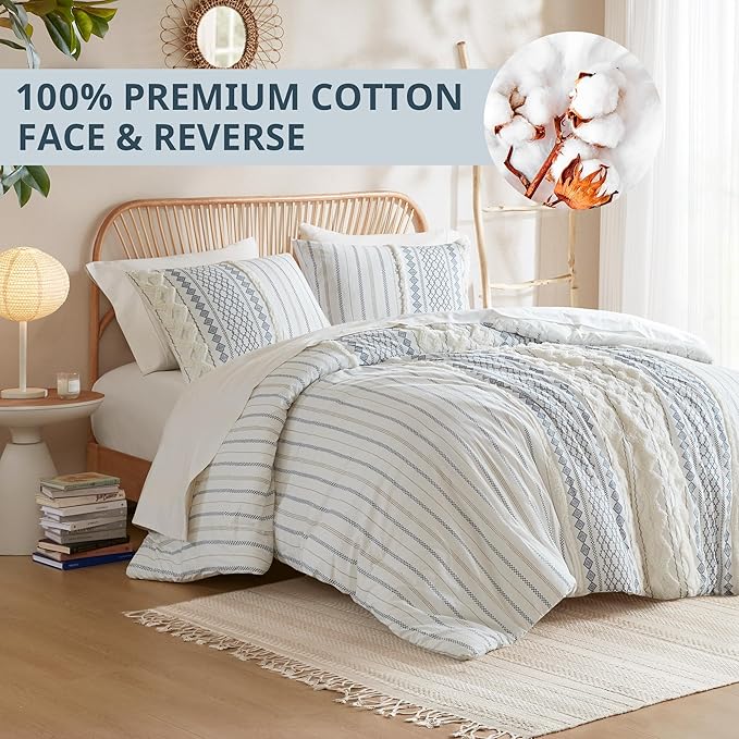 Ink+Ivy Comforter for Queen Size Bed, Chenille Tufted, Breathable Cotton Comforter Set Queen, All Season Modern Boho Comforter with Farmhouse Bedding Flare, 2 Matching Shams, Queen White/Navy 3 Piece