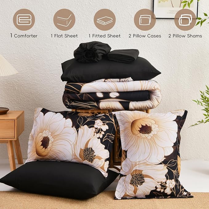 Xruibed Black Glod Floral Comforter Set King Size 7 Pieces Bed in a Bag Flower Bedding Sets Lightweight Boho Bed Set with Sheet,Pillowcases&Shams for All Season