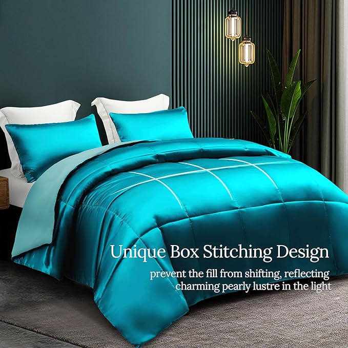 Whale Flotilla 3-Piece Reversible Silky Soft Queen Comforter Bedding Set, Luxurious Satin Comforters Full Size with 2 Satin Pillowcases, Lightweight Duvet for All Seasons, Turquoise