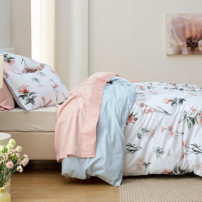 Bedsure Duvet Cover King Size - 100% Cotton Reversible Cute Flower Floral King Duvet Cover Set with Zipper Closure, 3 Pieces Soft & Breathable Blue Bedding Set with 2 Pillow Shams 20"x36"