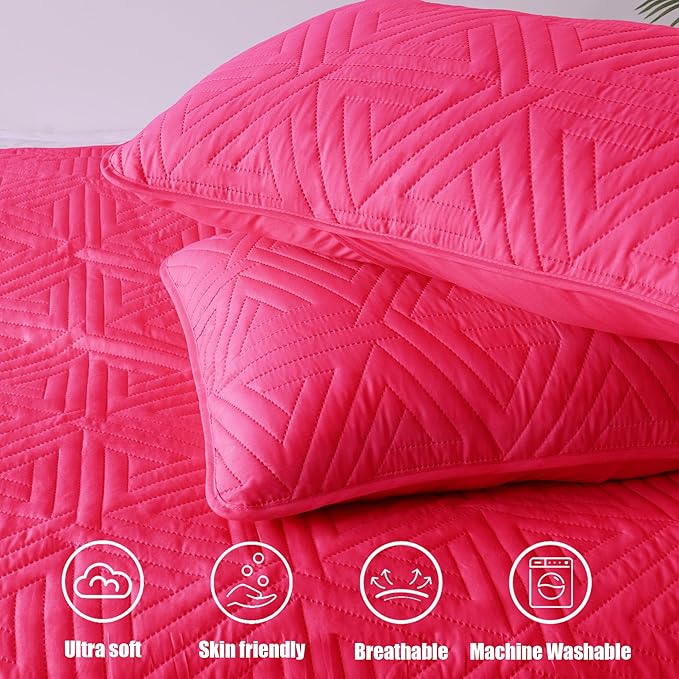 Whale Flotilla Soft Queen Size Quilt Set for All Seasons, 3-Piece Ultrasonic Geometric Quilts Bedding Set, Lightweight Reversible Bedspread, Coverlet, Bed Cover with 2 Pillow Shams, Hot Pink