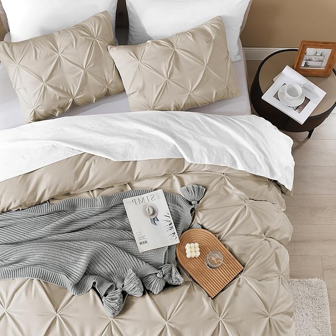 Litanika Oatmeal California King Pinch Pleat Duvet Cover, 3 Pieces Pintuck Cover Soft Microfiber Bedding Set with Zipper Closure & Corner Ties(1 Duvet Cover, 2 Pillowcases)