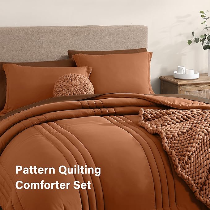 Monbix Oversized Queen Comforter Set - 7 Pieces Burnt Orange Bed in a Bag Oversized Queen Bedding Sets with Comforters, All Seasons Comforter Bed Set with Sheets, Pillowcases & Shams