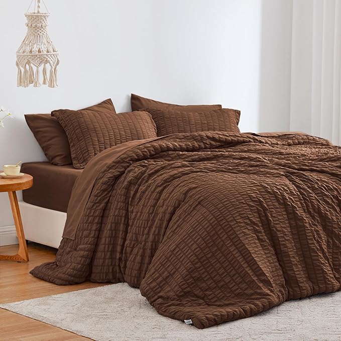 Love's cabin Seersucker Brown California King Comforter Set, 7-Piece All Season Lightweight Bed in a Bag Bedding Set with Comforter, Flat Sheet, Fitted Sheet, Pillowcases and Shams | Soft, Breathable, Lightweight