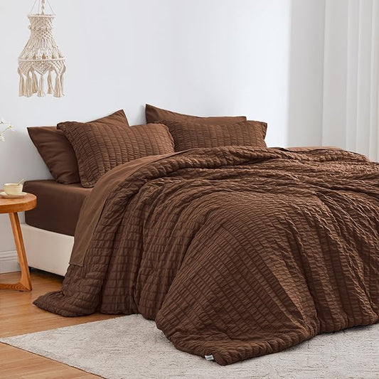 Love's cabin Seersucker Brown Full Comforter Set, 7-Piece All Season Lightweight Bed in a Bag Bedding Set with Comforter, Flat Sheet, Fitted Sheet, Pillowcases and Shams | Soft, Breathable, Lightweight