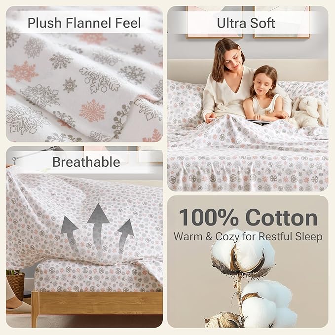 True North by Sleep Philosophy Cozy Flannel Warm 100% Cotton Sheet - Novelty Print Animals Stars Cute Ultra Soft Cold Weather Bedding Set, Queen, Pink/Grey Snowflakes 4 Piece