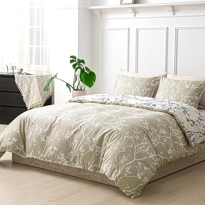 Lekesky Queen Size Duvet Cover Set, Reversible Duvet Cover Queen with Branch Pattern, Lightweight Soft Microfiber Comforter Cover, 3 Pieces Khaki Bedding Set with Zipper and 2 Pillowcases