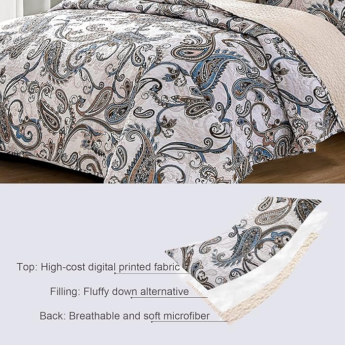 Whale Flotilla Reversible Printed Quilts Queen Size, Extra Soft Boho Paisley Floral Bedspreads for Bed Lightweight Full Queen Quilt Bedding Set Coverlets with 2 Pillow Shams for All Seasons, Bone Grey