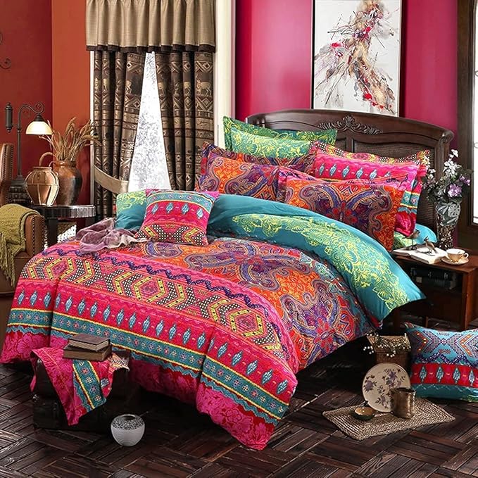 Boho Queen Duvet Cover, 100% Microfiber Ethnic Bohemian Colorful Bedding Set for Men Women, Yellow Orange Modern Geo Bohemian Print Duvet Cover, with Zipper Closure Luxury Soft Durable (Queen, 3pcs)