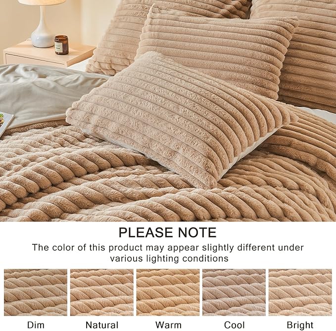 EMME Faux Fur Duvet Cover Queen Size, 3 Pieces Ultra Soft Fluffy Comforter Cover, Cozy Warm for Winter, Luxury Elegant Shaggy Striped Design Bedding, 1 Duvet Cover & 2 Pillow Shams (Queen, Taupe)