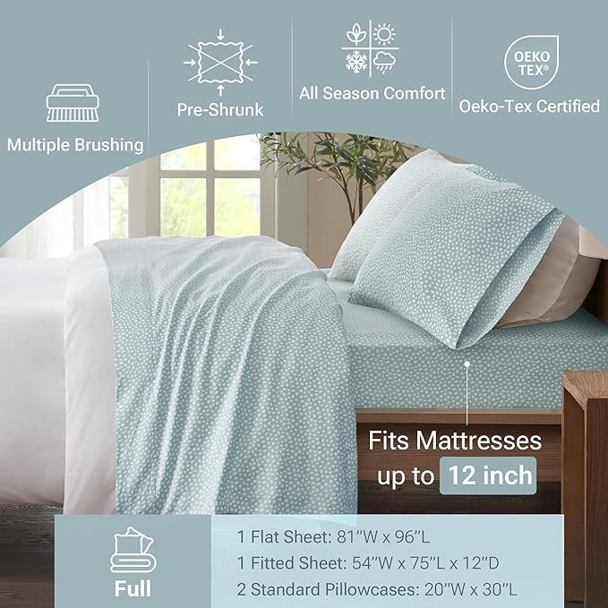 True North by Sleep Philosophy Cozy Flannel Warm 100% Cotton Sheet - Novelty Print Animals Stars Cute Ultra Soft Cold Weather Bedding Set, Full, Aqua Dots 4 Piece