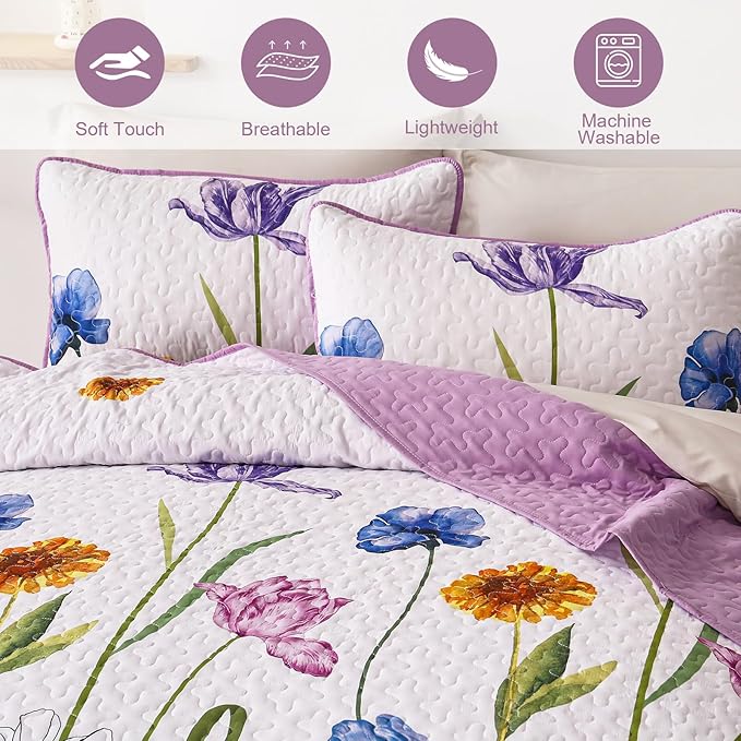WONGS BEDDING Purple Quilt Set Queen Size,Floral Printed Bedspread Coverlet Bedding Set,3 Pieces Lightweight Farmhouse Spring Botanical Quilts Set (96"x90")
