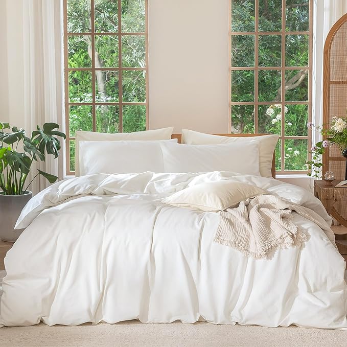 MooMee Bedding Duvet Cover Set 100% Washed Cotton Linen Like Textured Breathable Durable Soft Comfy (Solid Off White, Queen 90"x90")