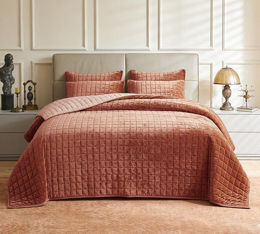 Luxurious Velvet Quilt King Size Set 98" x106" Ultra Soft Bedding Set Quilted Bedspread Coverlet with 2 Matching Pillow Shams for All Seasons,Rust