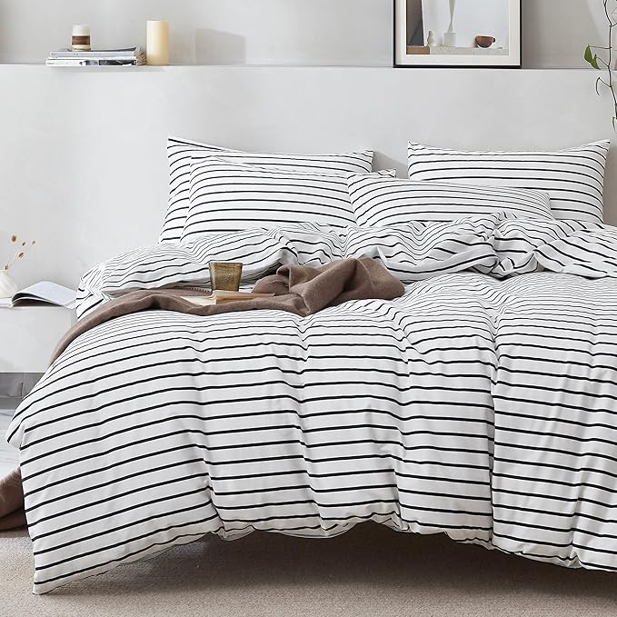 JELLYMONI 100% Natural Cotton 3pcs Striped Duvet Cover Sets, White Duvet Cover with Thick Black Stripes Pattern Printed Comforter Cover, with Zipper Closure & Corner Ties(King Size)