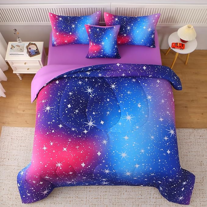 JQinHome Queen Ombre Pink Purple Comforter Set, 6 Piece Bed in A Bag 3D Colorful Bedding Sets for Teen Girls (1 Comforter,2 Pillowcases,1 Flat Sheet,1 Fitted Sheet,1 Cushion Cover)(Star Purple)